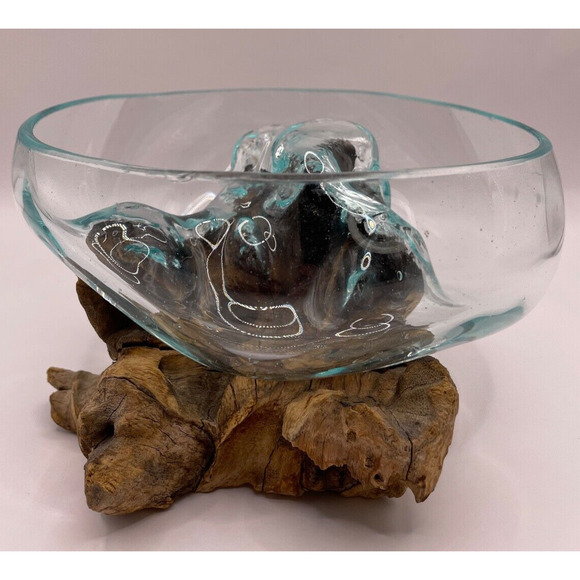 Handblown OneOf-A-Kind Molten Glass/ Sculptural Wood Fish Bowl/Terrarium/Trinket